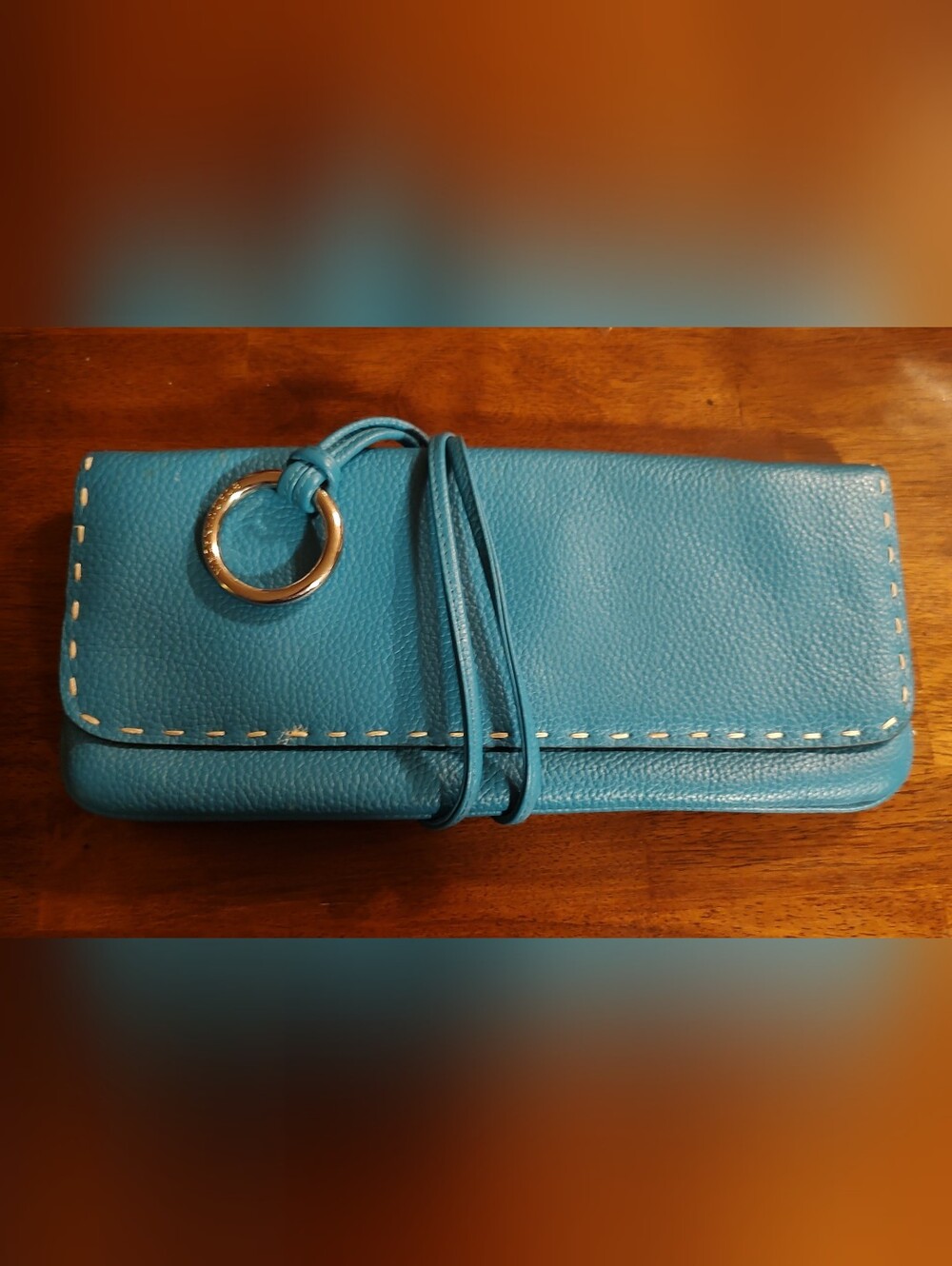BCBGMaxAzria Teal Blue Leather Wrap Clutch with Silver Ring